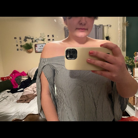 Off the shoulder grey and white striped blouse. - Picture 2 of 4